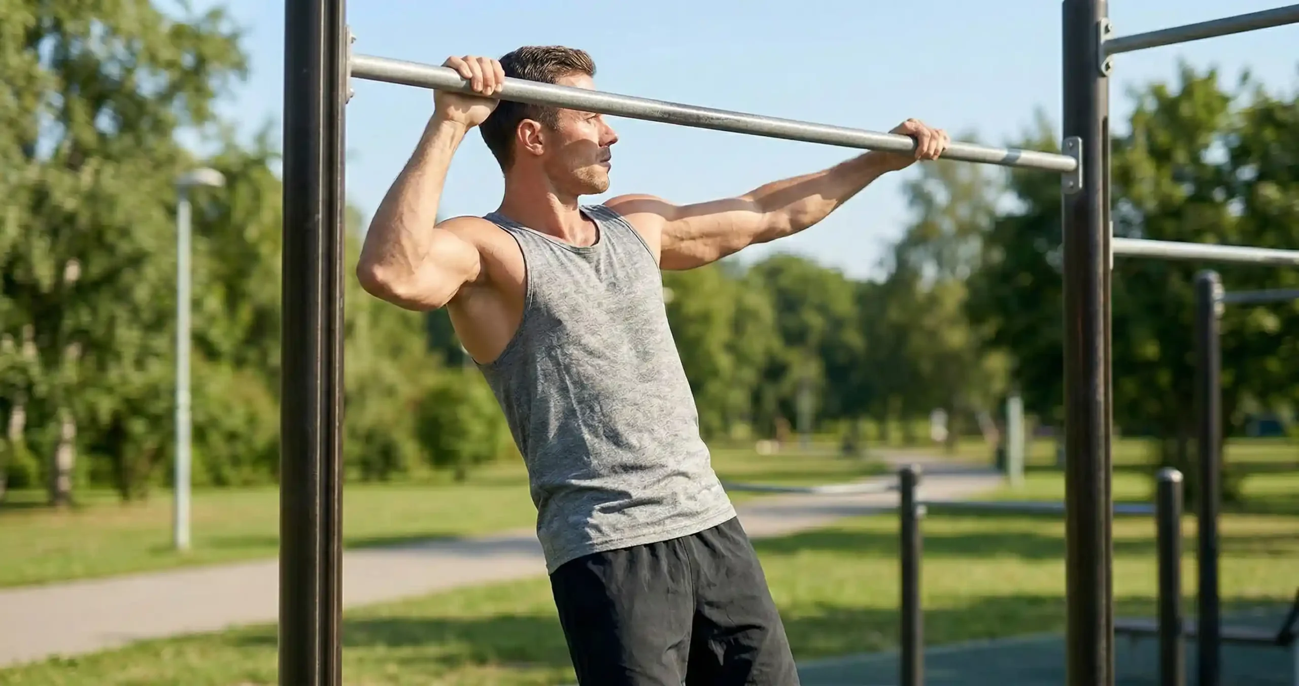 Archer Pull-Up — แสดงการดึงตัวขึ้นไปทางข้างหนึ่ง แขนข้างตรงข้ามเหยียดตรง