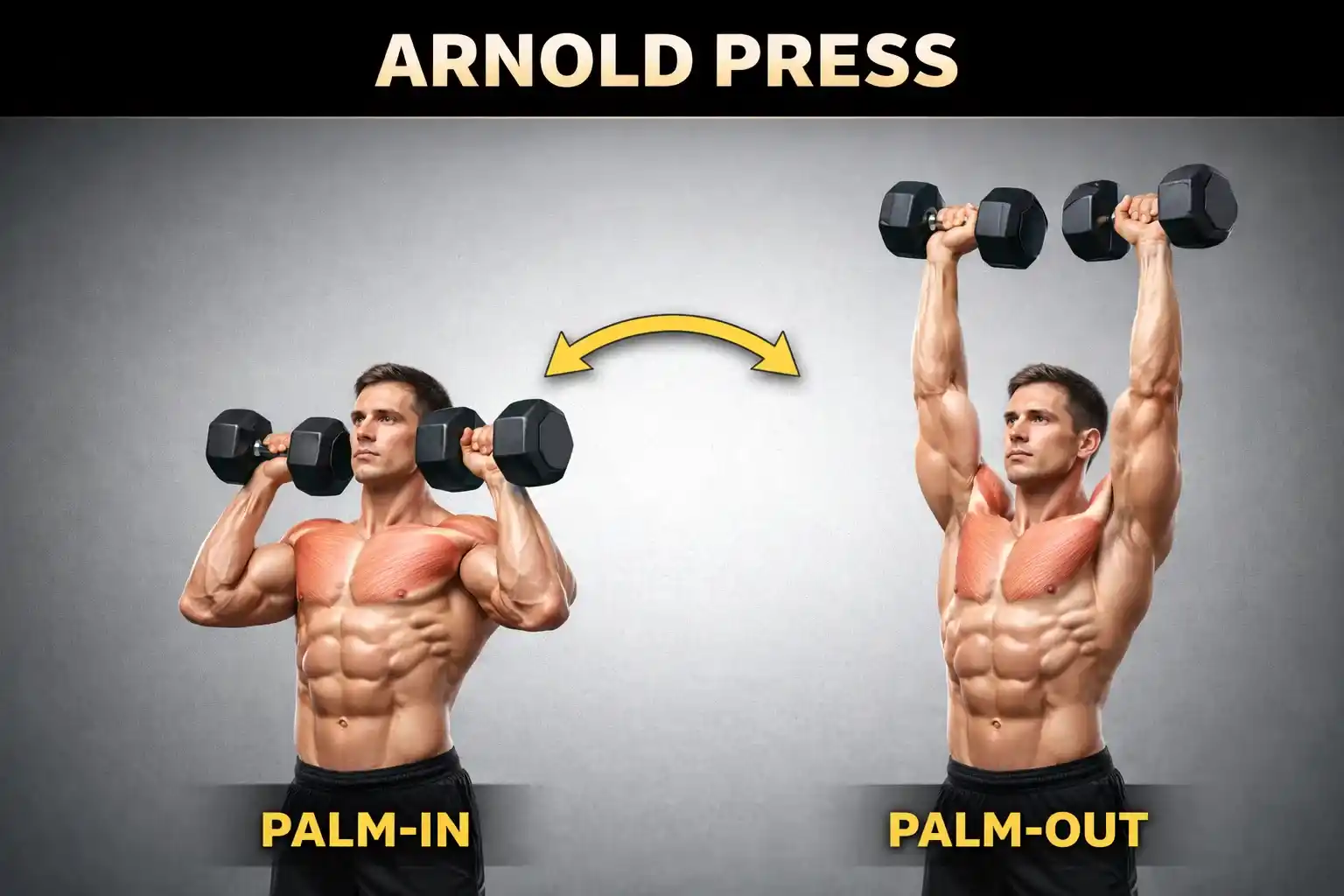 Arnold Press — แสดงการหมุนมือจาก Palm-in ไปเป็น Palm-out ขณะ Press ขึ้น