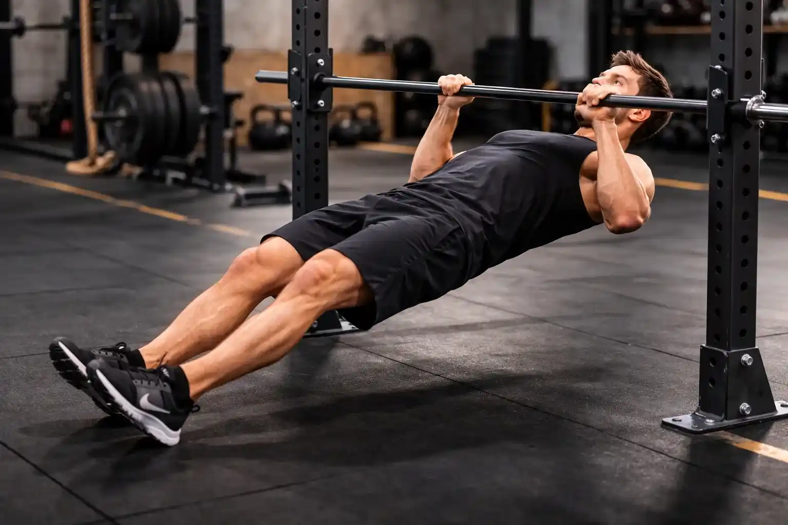 Australian Pull-Up — แสดงการนอนใต้บาร์ต่ำ จับบาร์แล้วดึงหน้าอกเข้าหาบาร์ เท้าวางบนพื้น