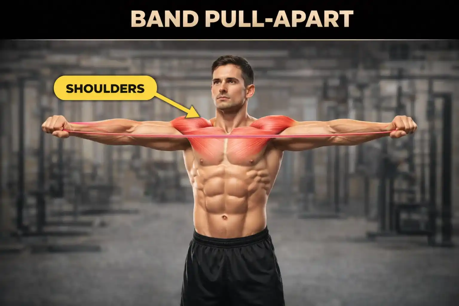 Band Pull-Apart — แสดงการดึง Band ออกด้านข้างจนแขนเหยียดตรงระดับไหล่