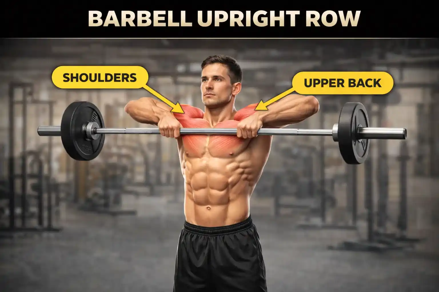 Barbell Upright Row — แสดงการดึงบาร์ขึ้นตามแนวลำตัวจนถึงระดับคาง