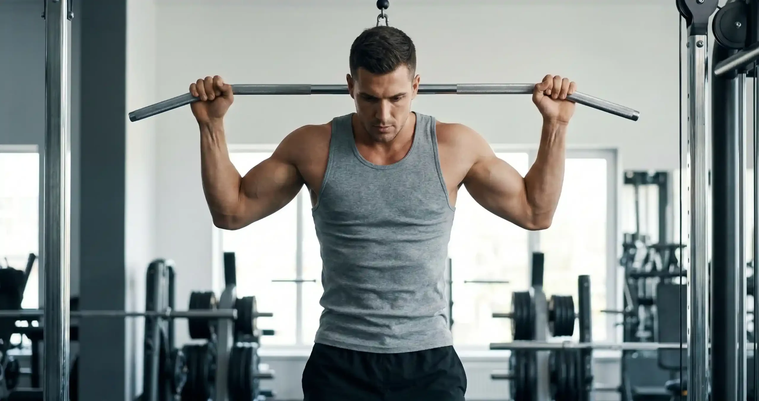 Behind The Neck Pull-Up — แสดงการดึงตัวขึ้นจนบาร์อยู่หลังคอ ไม่ใช่หน้าหน้าผาก