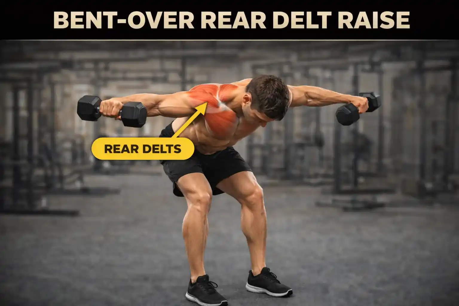 Bent-Over Rear Delt Raise — แสดงการยืนก้มตัวไปข้างหน้า แล้วยก Dumbbell ออกด้านข้าง