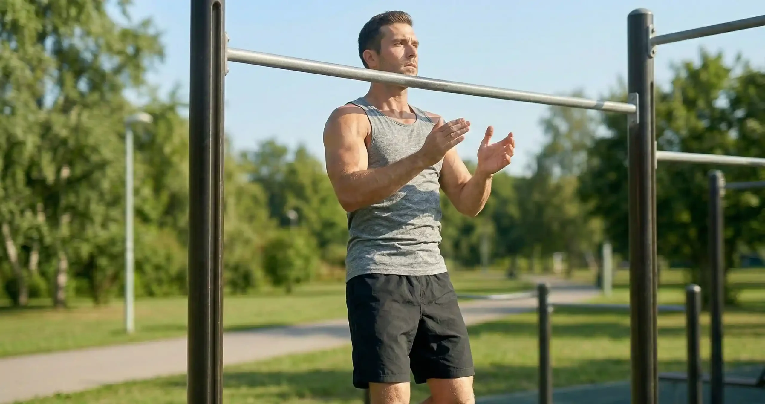 Clapping Pull-Up — แสดงการดึงตัวขึ้นอย่างระเบิดพลังจนมือลอยออกจากบาร์แล้วปรบมือ