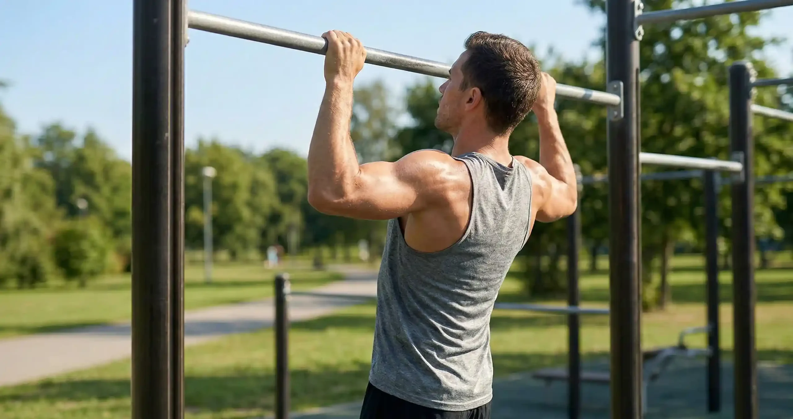Commando Pull-Up — แสดงการจับบาร์แบบมือหันหน้าเข้าหากัน แล้วดึงหัวสลับข้างบาร์