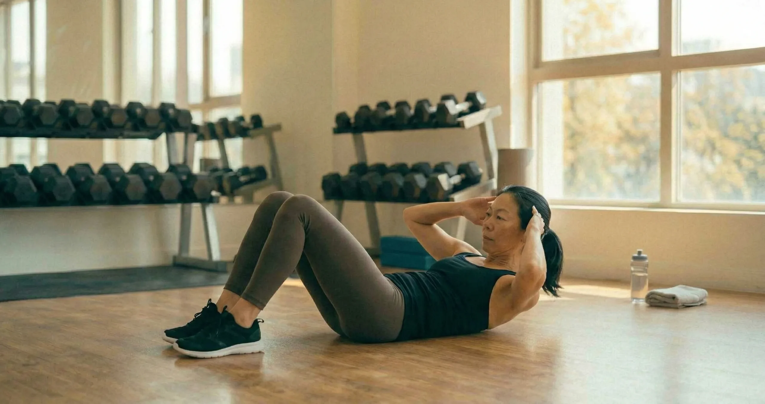 Crunch แบบถูกต้อง แสดงการนอนหงาย เข่างอ เท้าวางพื้น มือวางข้างหัวไม่ดึงคอ ยกไหล่ขึ้นจากพื้นประมาณ 30 องศา หน้าท้องหดตัวชัดเจน