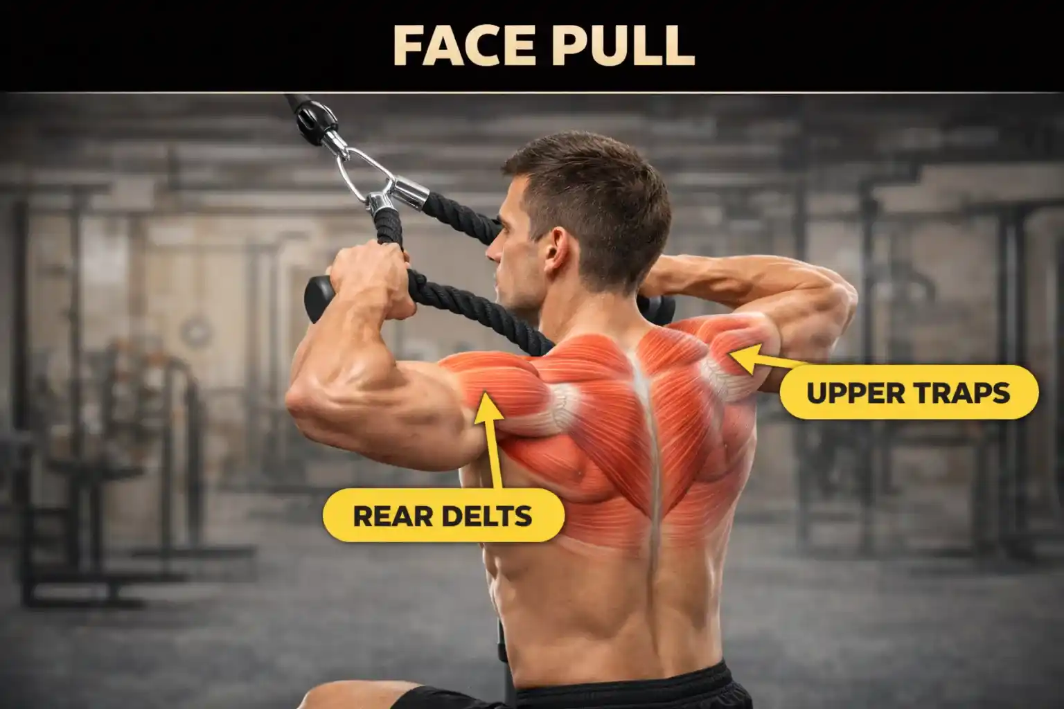 Face Pull — แสดงการดึง Rope เข้าหาใบหน้า ข้อศอกกางออกด้านข้าง