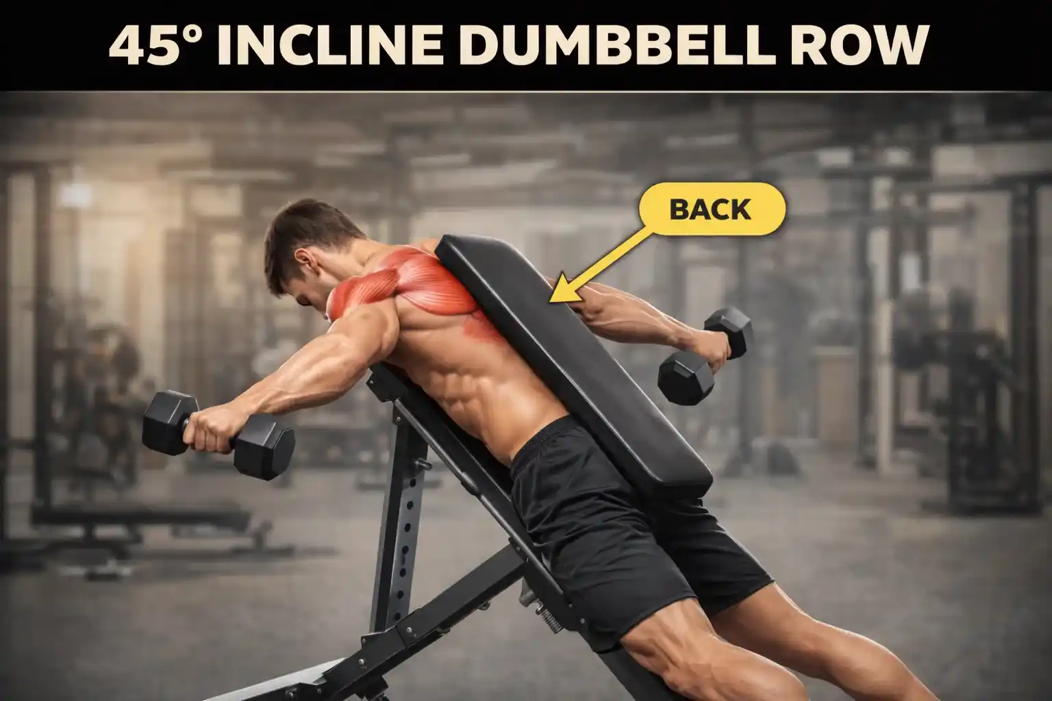 45° Incline Dumbbell Row — แสดงการนอนคว่ำบน Incline Bench แล้วยกแขนออกด้านข้าง