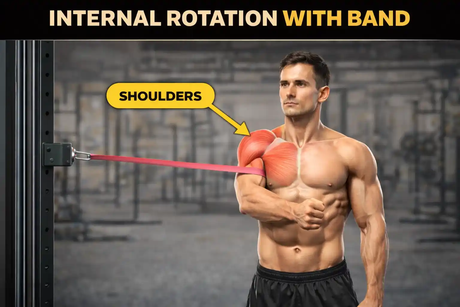 Internal Rotation with Band — แสดงการหมุนแขนเข้าด้านในจากตำแหน่งออกด้านนอก