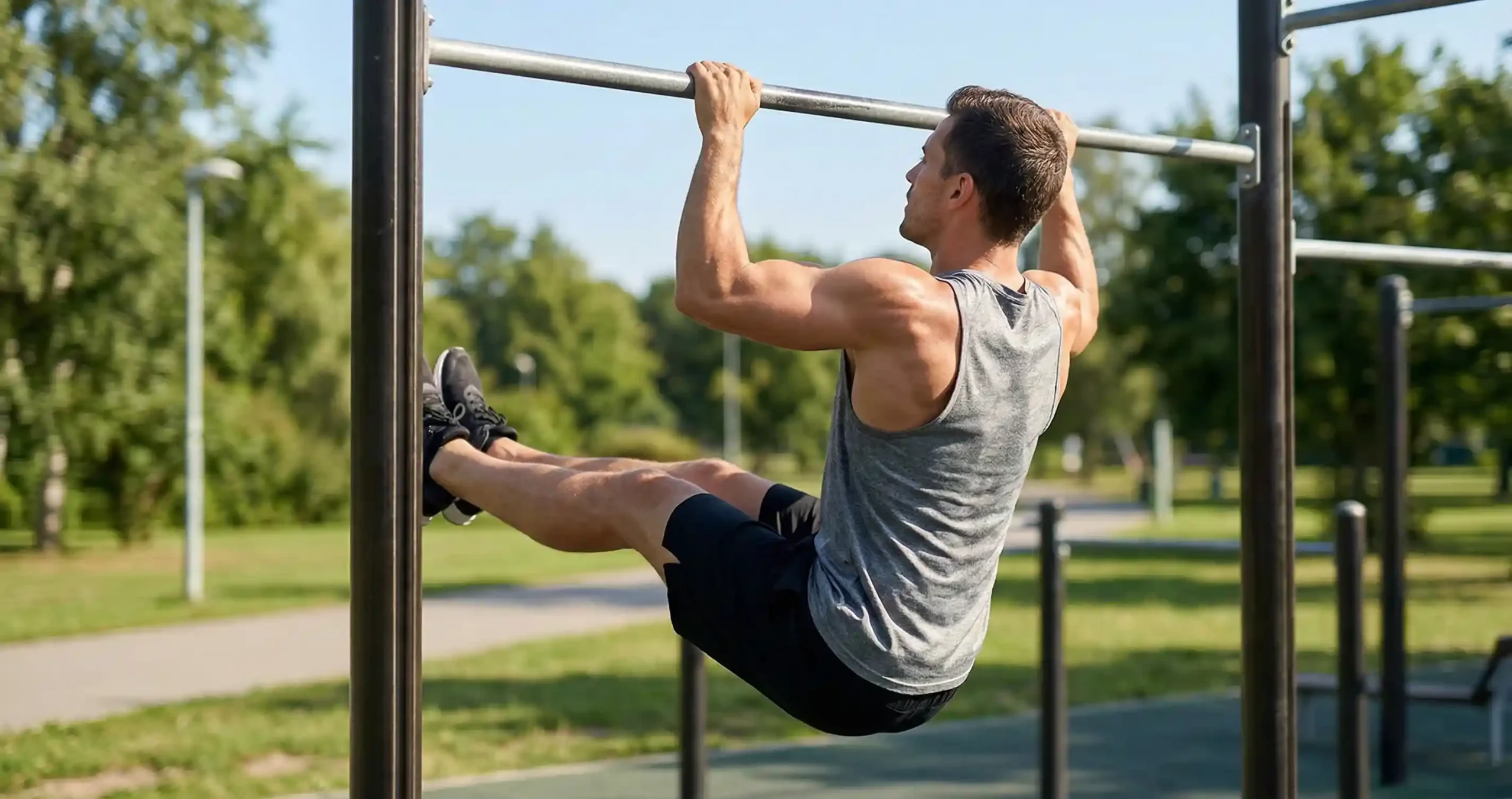 L-Sit Pull-Up — แสดงการยกขาขึ้นขนานพื้นระหว่างดึงข้อ ร่างกายทำรูปตัว L