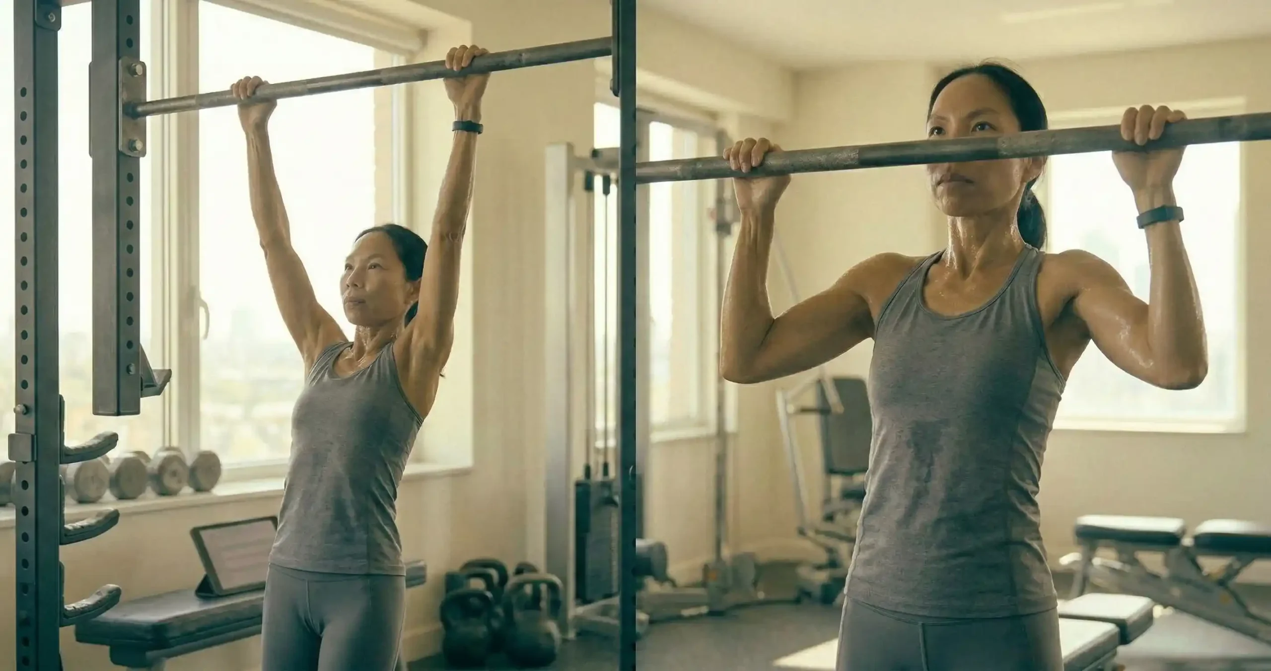 ดึงข้อมาตรฐาน แสดงการจับบาร์ฝ่ามือหันออก ดึงตัวขึ้นจนคางเหนือบาร์ แขนเหยียดสุดตอนล่าง