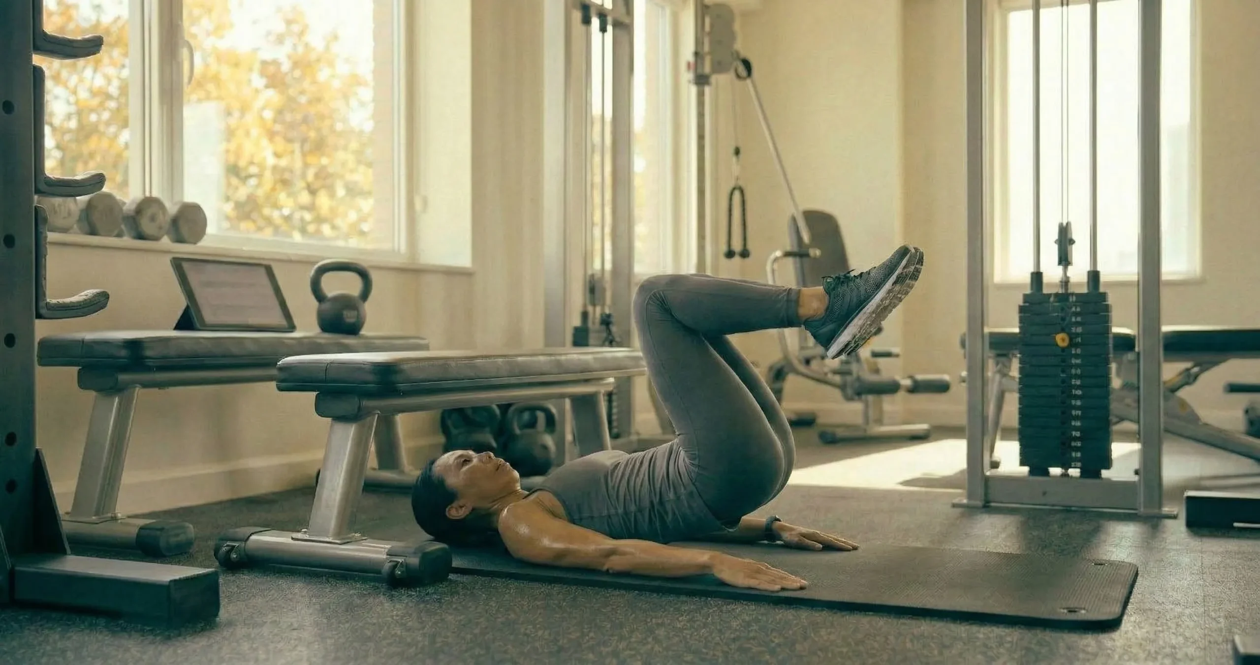 Reverse Crunch แสดงการนอนหงาย งอเข่า 90 องศา แล้วยกก้นขึ้นจากพื้นโดยใช้หน้าท้องส่วนล่างดึง ไม่ใช่แรงเหวี่ยง