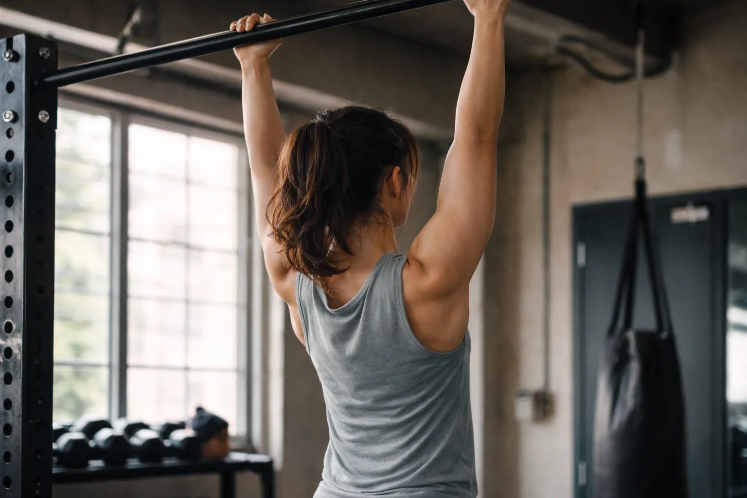 Scapular Pull-Up — แสดงการแขวนบาร์แล้วดึงสะบักลงและเข้าหากันโดยที่แขนยังเหยียดอยู่