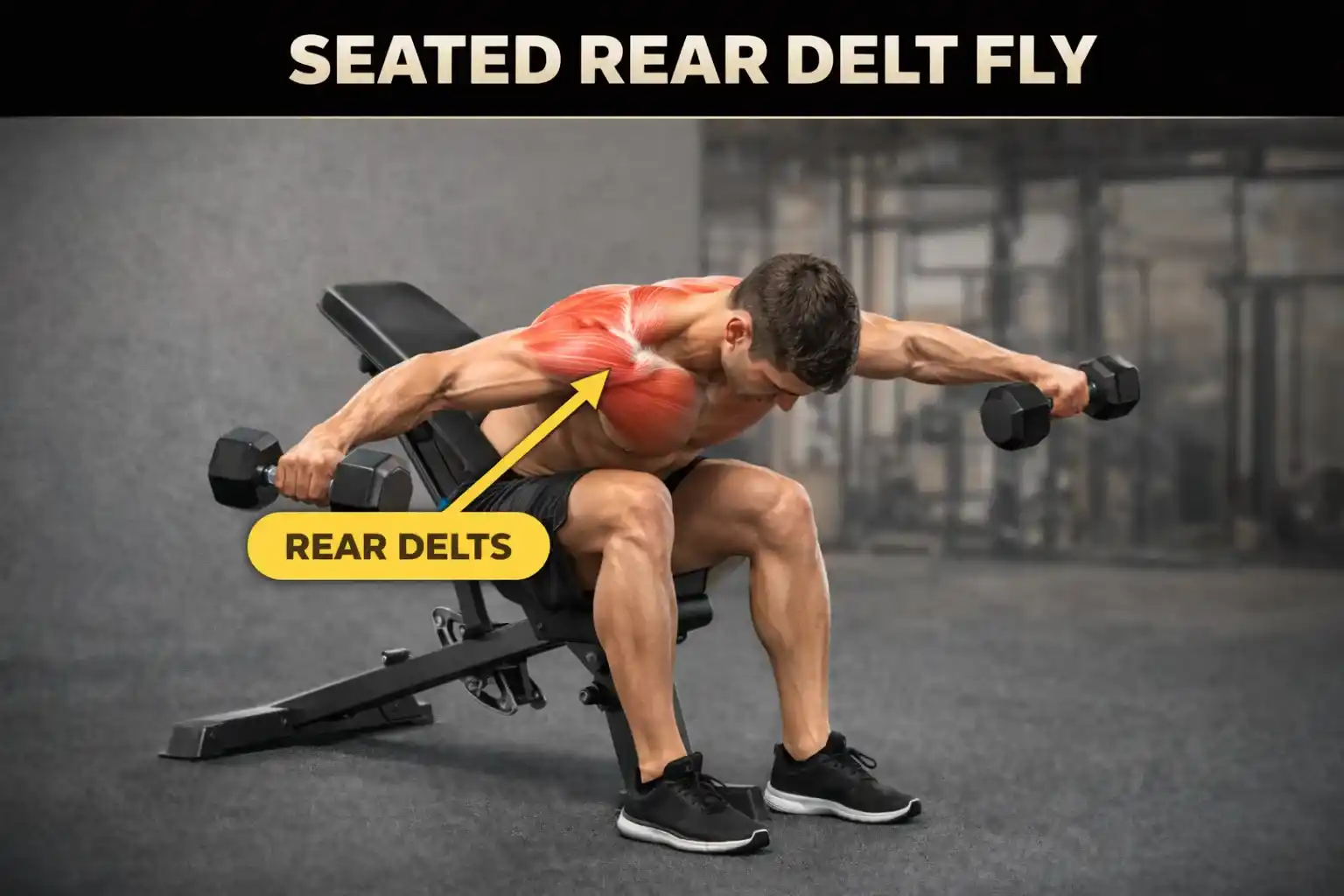 Seated Rear Delt Fly — แสดงการนั่งก้มตัวไปข้างหน้า แล้วยก Dumbbell ออกด้านข้าง
