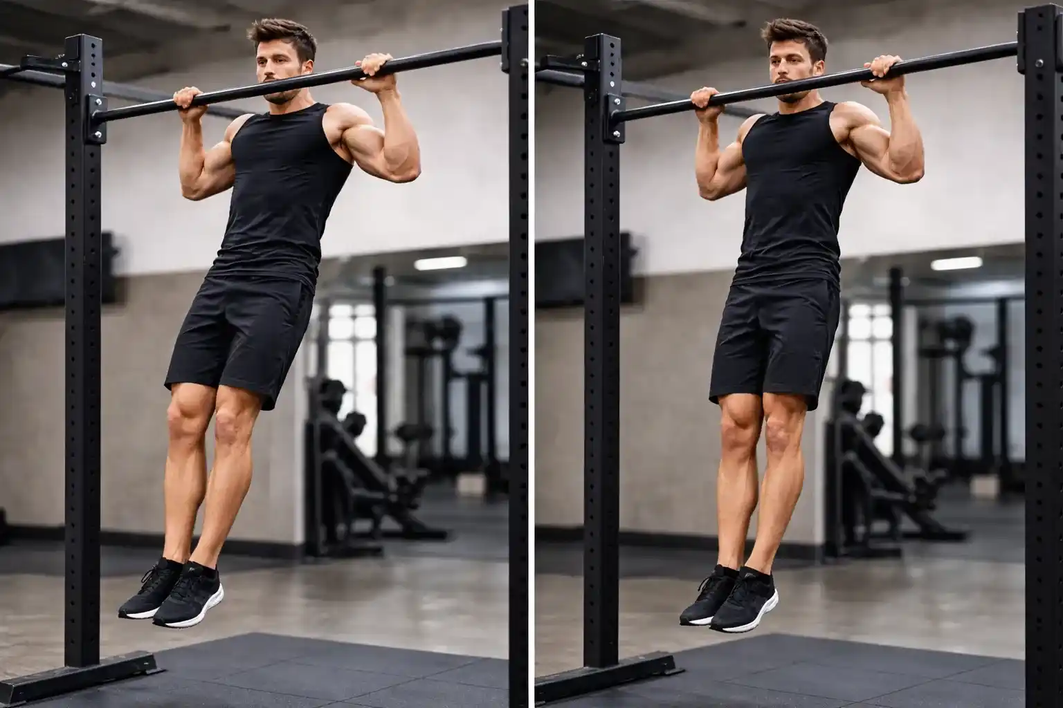 Pull-Up มาตรฐาน — แสดงการดึงตัวขึ้นจนคางเหนือบาร์ แขนเหยียดสุดตอนล่าง