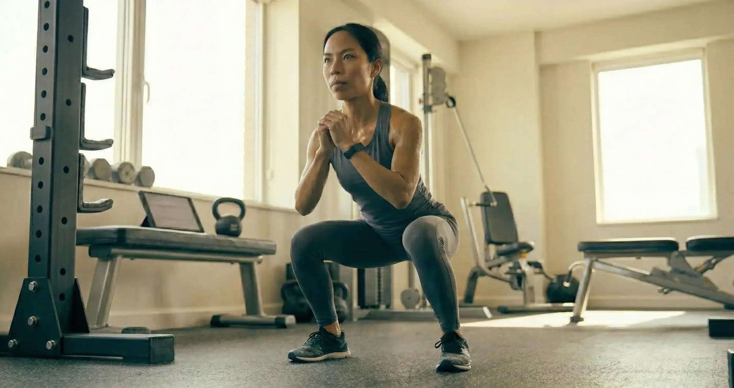 สควอทมาตรฐาน แสดงตำแหน่งเท้ากว้างเท่าหัวไหล่ หัวเข่าตามแนวนิ้วเท้า หลังตรง