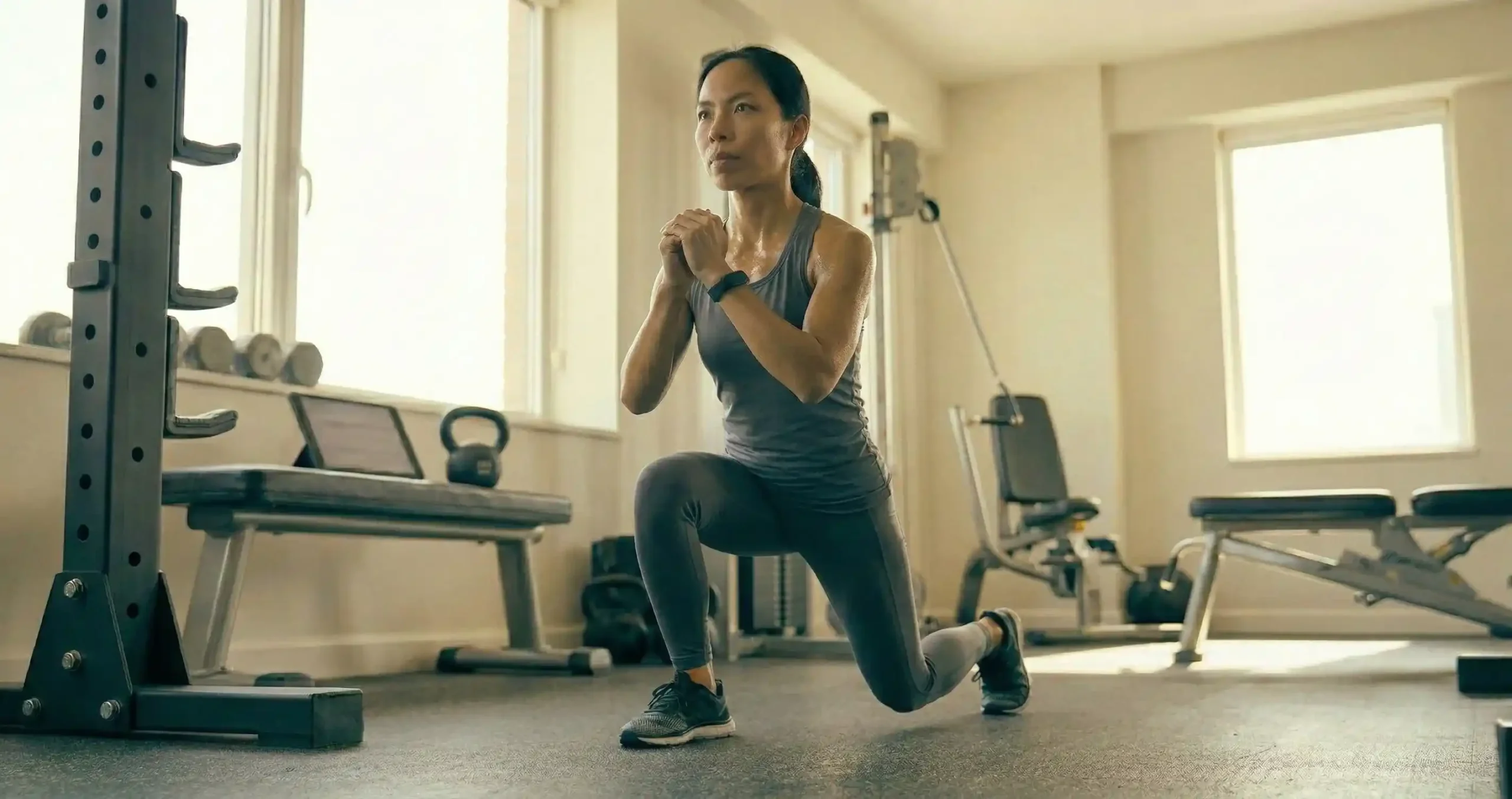 ลันจ์มาตรฐาน แสดงการก้าวเท้าข้างหนึ่งออกไปข้างหน้า เข่าหลังเกือบแตะพื้น ลำตัวตรง