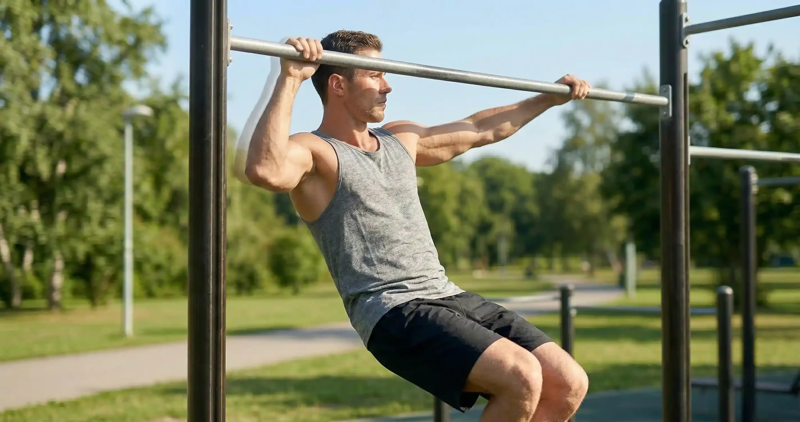 Typewriter Pull-Up — แสดงการดึงตัวขึ้นแล้วเลื่อนลำตัวไปซ้ายขวาตลอดบาร์ในตำแหน่งบนสุด