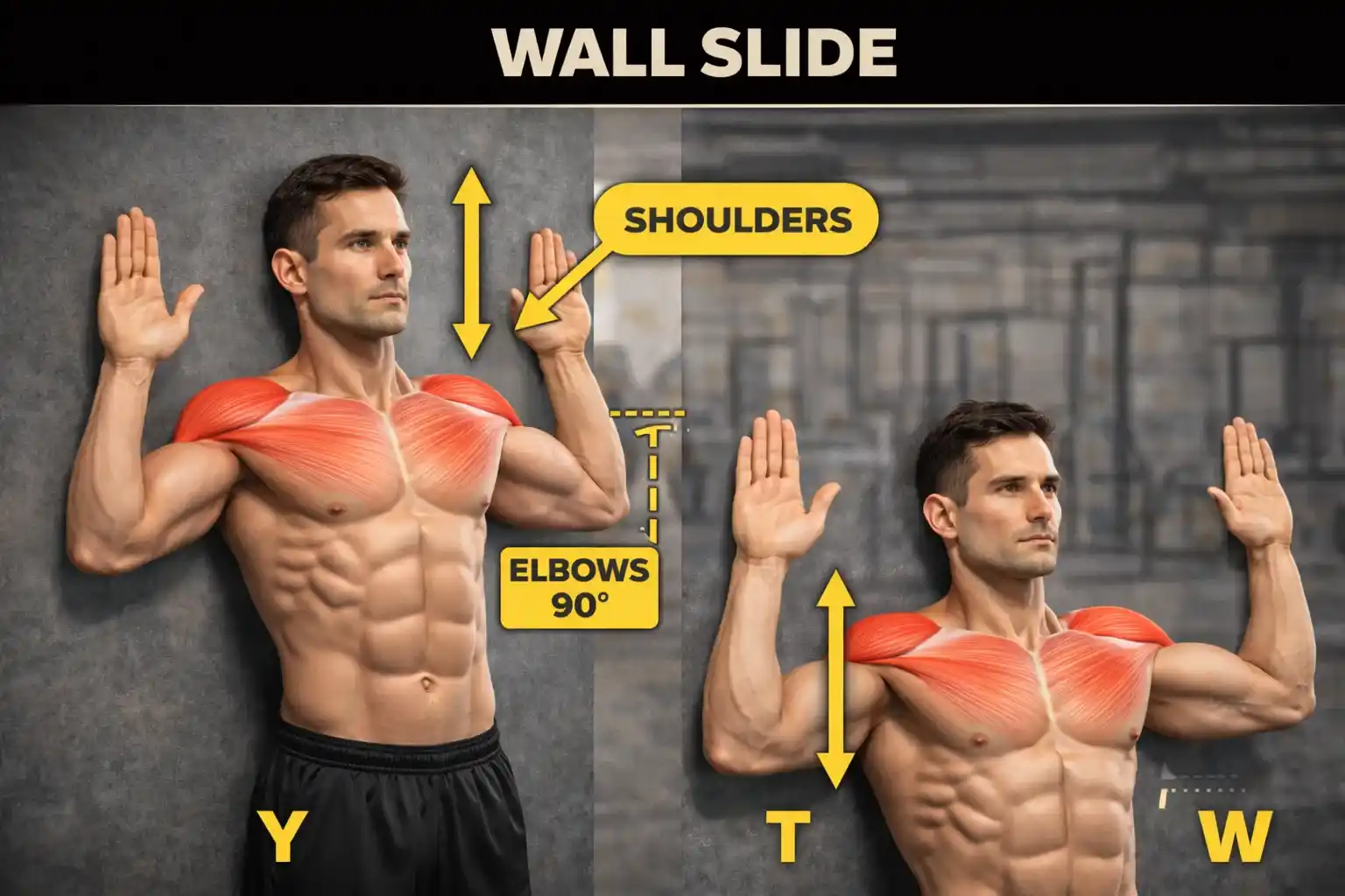 Wall Slide — แสดงการยืนพิงกำแพง แขนงอ 90 องศา แล้วเลื่อนแขนขึ้นลงตามกำแพง