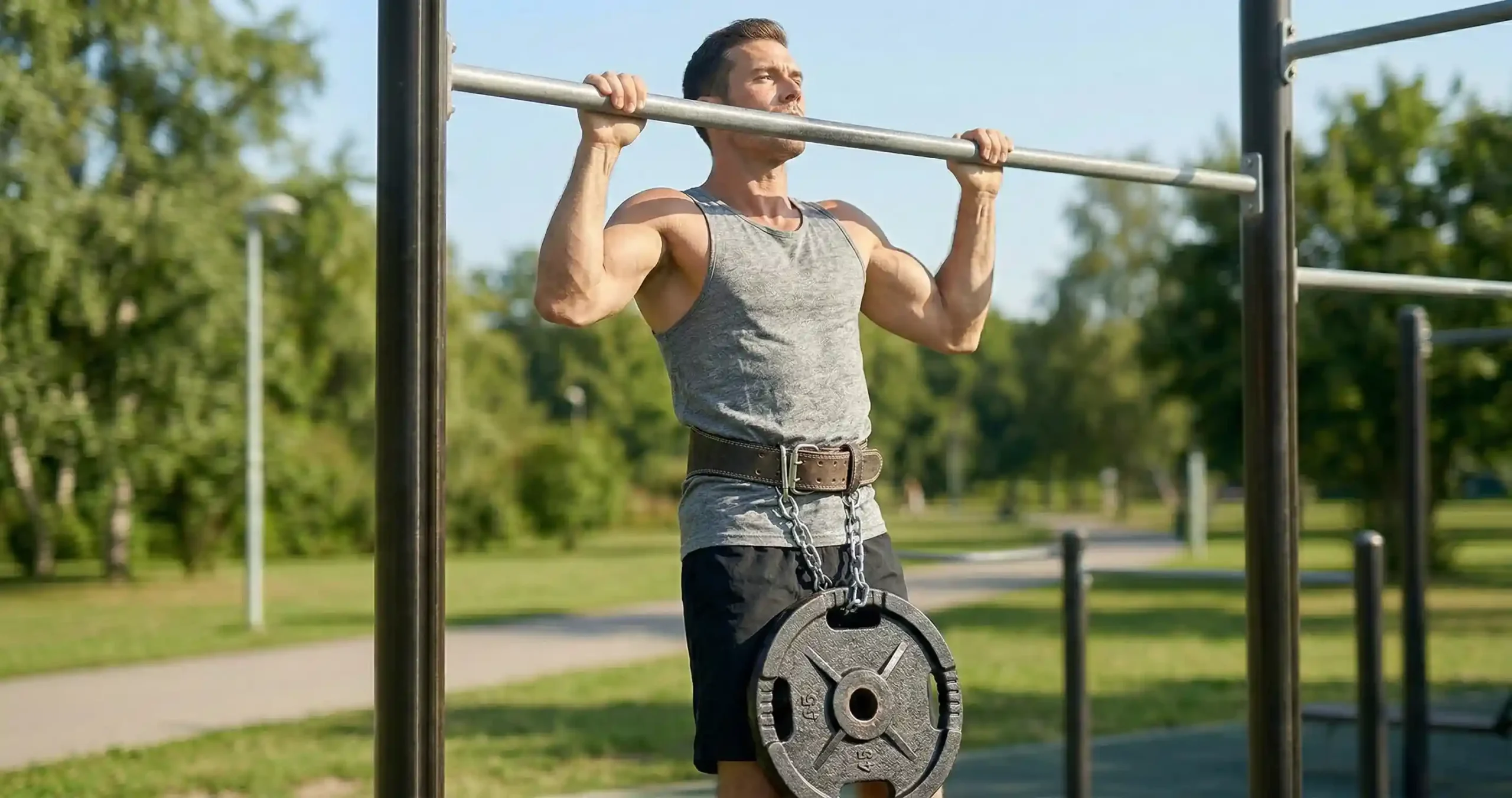 Weighted Pull-Up — แสดงการดึงข้อโดยมีน้ำหนักถ่วงที่เข็มขัดหรือกระเป๋าเป้
