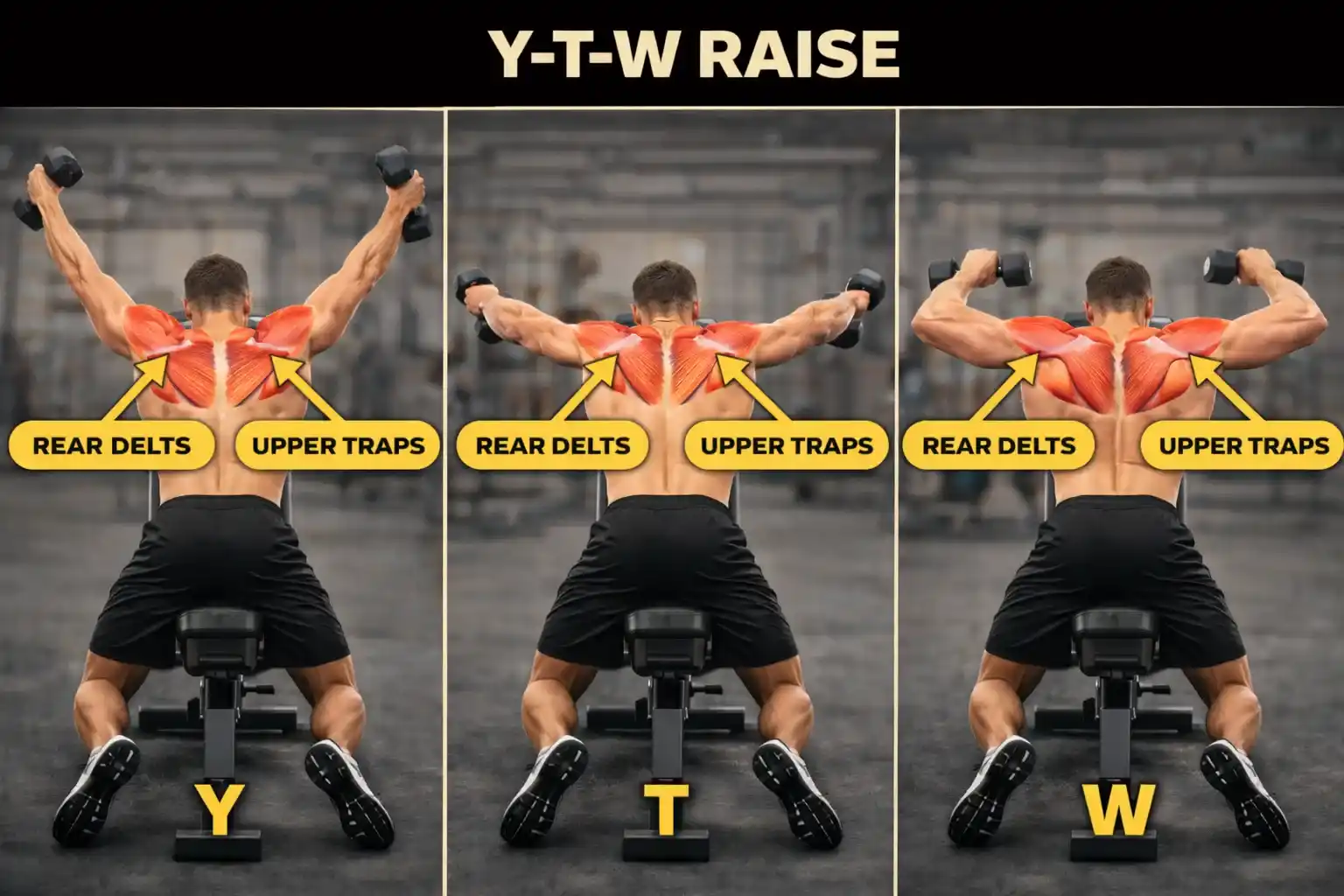 Y-T-W Raise — แสดงทั้งสามท่าคือ Y, T และ W บนพื้นหรือ Incline Bench