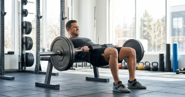 Hip Thrust บาร์เบล แสดงการนั่งพิงม้านั่ง บาร์เบลวางบนสะโพกมีแผ่นรองกันเจ็บ ดันสะโพกขึ้นจนลำตัวตรง เกร็งก้นแน่นที่บนสุด