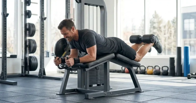 Leg Curl เครื่อง แบบนอนคว่ำ แสดงการนอนบนเครื่อง ข้อเท้าอยู่ใต้ Roller Pad แล้วงอเข่าดึง Roller Pad ขึ้นหาก้น