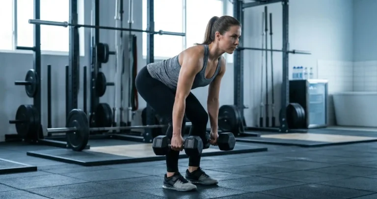 Romanian Deadlift ดัมเบล แสดงการถือดัมเบลสองข้างด้านหน้าขา พับสะโพกไปข้างหน้า ดัมเบลเลื่อนลงตามแนวขา หลังตรงตลอด