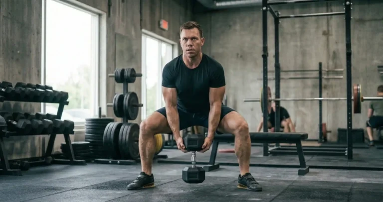 Sumo Squat ดัมเบล แสดงการถือดัมเบลหนึ่งอันห้อยตรงกลางระหว่างขา ยืนเท้ากว้างมาก ย่อตัวลงให้ดัมเบลลงไปใกล้พื้น