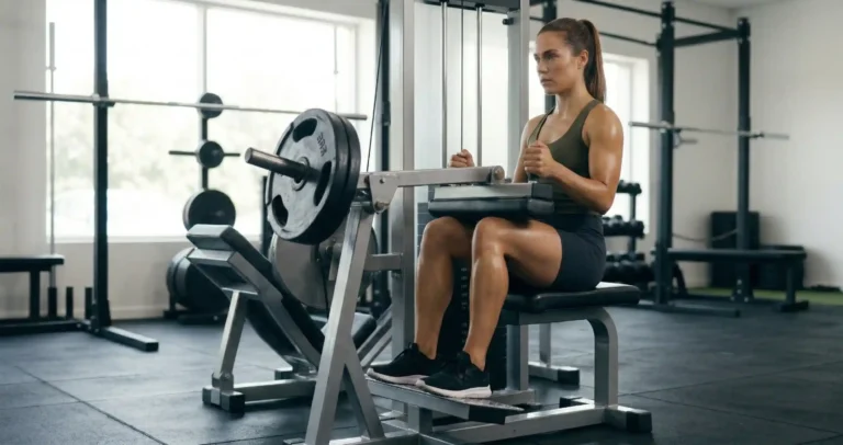 Seated Calf Raise เครื่อง แสดงการนั่งบนเครื่อง น้ำหนักวางบนต้นขา ปลายเท้าอยู่บนแผ่นรอง ยกส้นเท้าขึ้นสูงสุด