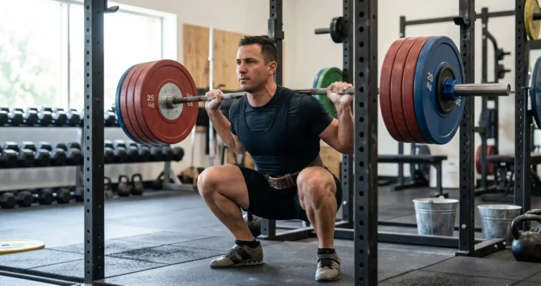 Barbell Back Squat แสดงการวางบาร์เบลบนไหล่หลัง มือจับบาร์กว้างกว่าหัวไหล่ แล้วย่อตัวลง Squat ลึก หลังตรง