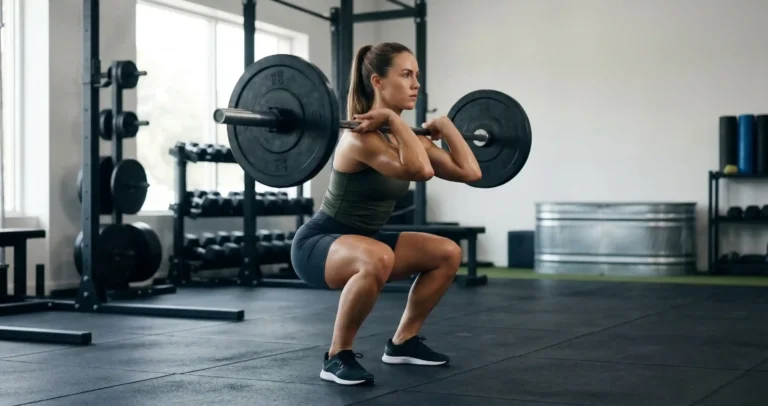 Barbell Front Squat แสดงการวางบาร์เบลบนหน้าไหล่ด้านหน้า ข้อศอกยกขึ้นสูงขนานพื้น ย่อตัวลง Squat ลำตัวตั้งตรงกว่า Back Squat มาก