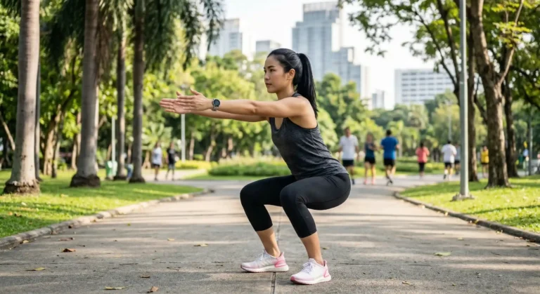 Bodyweight Squat ยืนเท้ากว้างเท่าหัวไหล่ แขนเหยียดตรงไปข้างหน้า ย่อตัวลงจนต้นขาขนานพื้น หลังตรง หน้าอกตั้ง