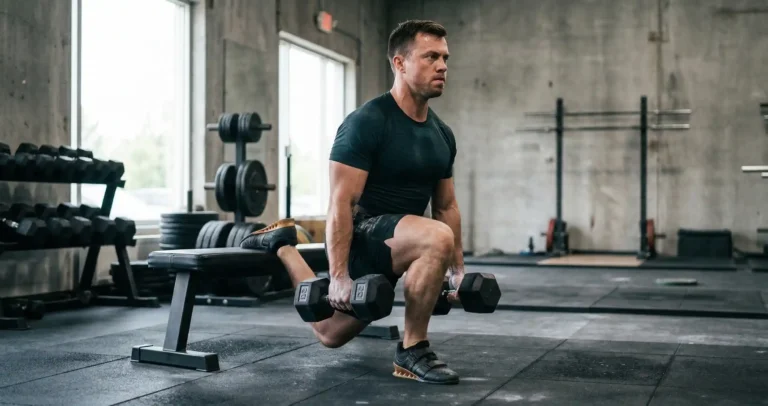 Bulgarian Split Squat แสดงการวางเท้าหลังบนม้านั่งหรือโซฟา ถือดัมเบลสองข้าง แล้วย่อตัวลงจนเข่าหลังเกือบแตะพื้น