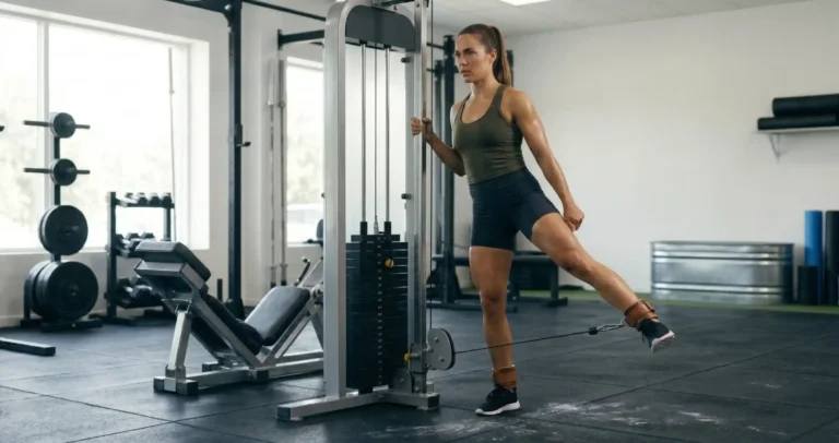 Cable Hip Abduction แสดงการต่อสาย Cable ที่ข้อเท้า ยืนข้างเครื่อง แล้วกางขาออกด้านข้างต้านแรง Cable