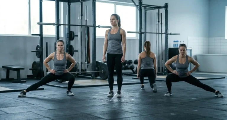 Clock Lunge แสดงการก้าว Lunge ในทิศทางต่างๆ รอบตัวเหมือนเข็มนาฬิกา ไปข้างหน้า ด้านข้าง และข้างหลัง