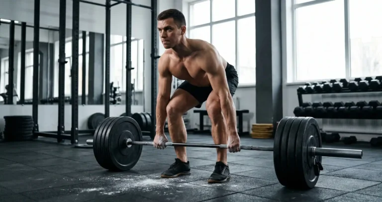 Conventional Deadlift แสดงการยืนเท้ากว้างเท่าสะโพก บาร์อยู่เหนือกลางเท้า ย่อตัวลงจับบาร์แล้วดันพื้นขึ้นจนยืนตรง