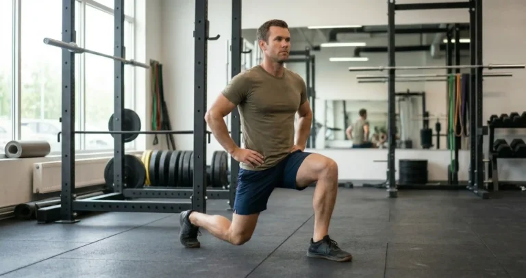 Curtsy Lunge แสดงการก้าวขาขวาข้ามไปด้านหลังซ้ายในแนวทแยง ย่อตัวลง เหมือนการ Curtsy ค้านับถือ