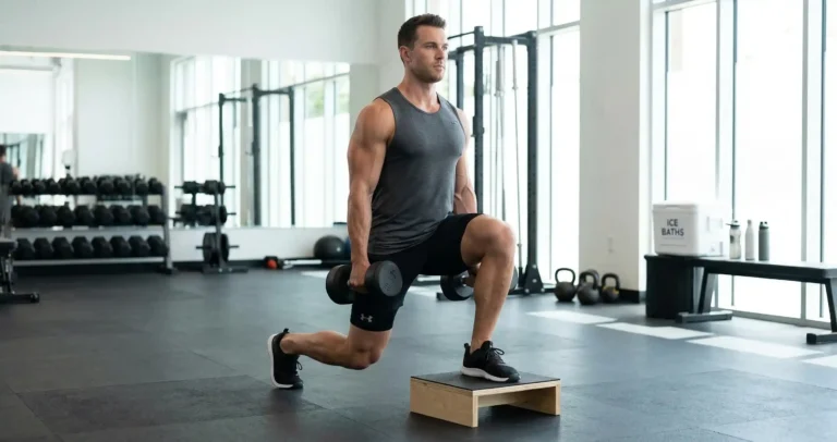 Deficit Lunge แสดงการยืนบนกล่องหรือแผ่นน้ำหนักเล็กๆ ถือดัมเบล แล้วก้าวขาลงมาด้านหน้าต่ำกว่าระดับที่ยืนอยู่ ย่อตัวลงให้ลึกกว่า Lunge ธรรมดา