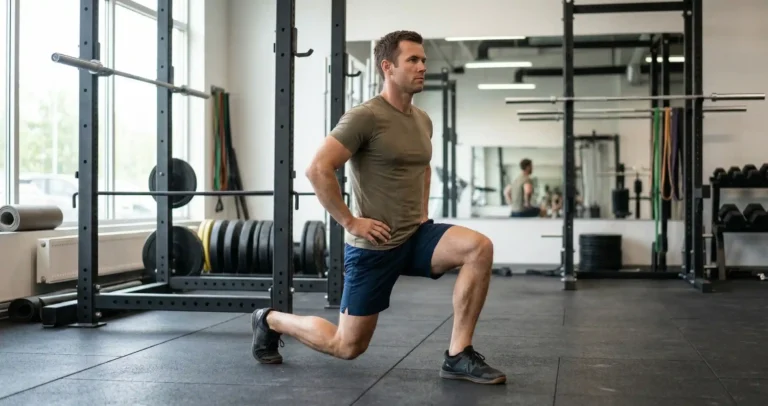 Forward Lunge แสดงการก้าวขาไปข้างหน้าหนึ่งก้าวใหญ่ ย่อตัวลงจนเข่าหลังเกือบแตะพื้น ลำตัวตั้งตรง