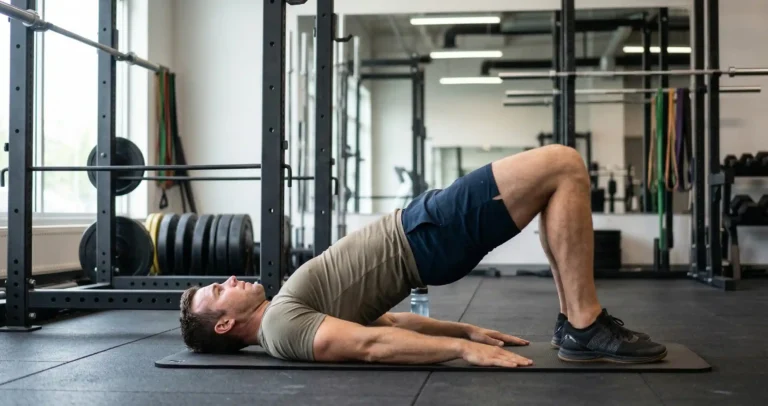 Glute Bridge แสดงการนอนหงาย เข่างอ เท้าวางพื้น แล้วยกสะโพกขึ้นจนลำตัวตรงจากไหล่ถึงเข่า เกร็งก้นแน่นที่บนสุด