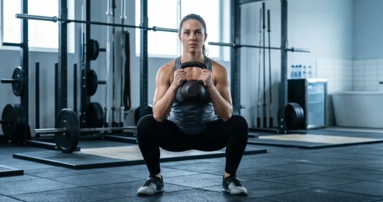 Goblet Squat แสดงการถือดัมเบลหรือเคตเทิลเบลไว้หน้าอกด้วยมือสองข้าง ย่อตัวลง Squat ลึก ข้อศอกอยู่ด้านในเข่า