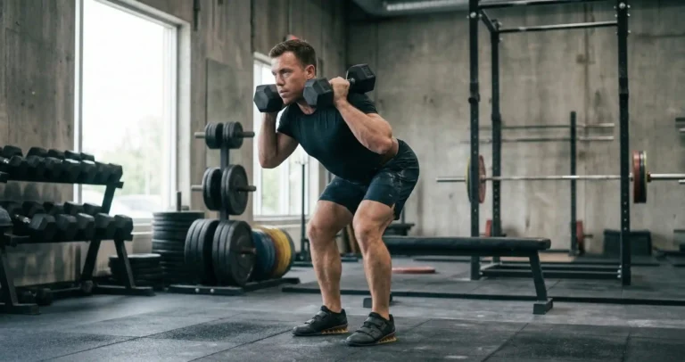 Good Morning ดัมเบล แสดงการวางดัมเบลบนไหล่ด้านหลังหรือถือไว้หน้าอก พับลำตัวไปข้างหน้าจากสะโพก หลังตรงตลอด