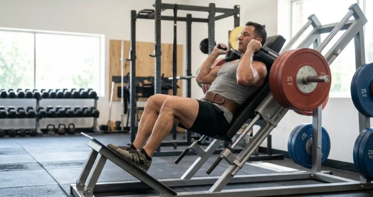 Hack Squat เครื่อง แสดงการนอนพิงเบาะเครื่องเอียง เท้าวางบนแพลตฟอร์ม แล้วย่อตัวลงและดันขึ้น