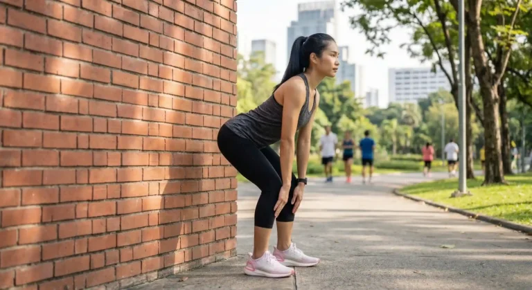 Hip Hinge บอดี้เวท แสดงการยืนตรงแล้วพับสะโพกไปข้างหน้าโดยที่หลังตรงตลอด เข่างอเล็กน้อย มือเลื่อนลงตามแนวขา