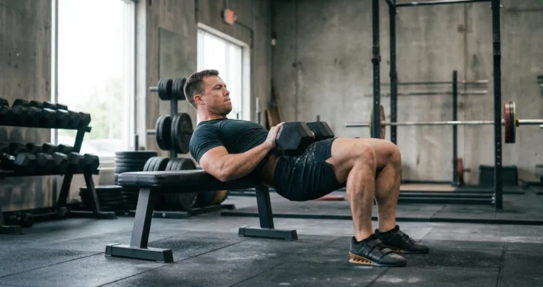 Hip Thrust พิงโซฟา แสดงการนั่งพิงโซฟาหรือม้านั่ง วางดัมเบลบนสะโพก แล้วดันสะโพกขึ้นจนลำตัวตรงจากไหล่ถึงเข่า เกร็งก้นแน่นที่บนสุด