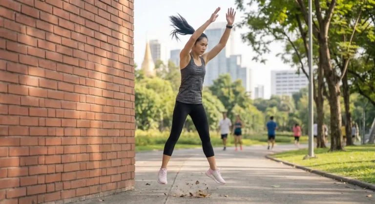 Jump Squat แสดงการ Squat ลงไปแล้วกระโดดขึ้นสูงสุดด้วยแรงระเบิด แขนแกว่งขึ้นช่วยส่งพลัง