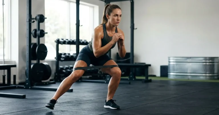 Lateral Band Walk แสดงการคาดยางยืดเหนือเข่า ย่อตัวลงครึ่ง Squat แล้วเดินไปด้านข้างทีละก้าวโดยรักษาแรงตึงของยางตลอด