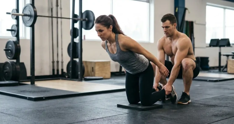 Nordic Hamstring Curl แสดงการคุกเข่าลงพื้น มีคนหรือสิ่งยึดจับปลายเท้าไว้ แล้วค่อยๆ ล้มตัวไปข้างหน้าช้าๆ โดยใช้ Hamstrings ต้านแรงโน้มถ่วง