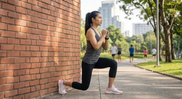 Reverse Lunge แสดงการก้าวขาไปข้างหลังหนึ่งก้าวใหญ่ ย่อตัวลงจนเข่าหลังเกือบแตะพื้น ลำตัวตั้งตรง น้ำหนักอยู่ที่ขาหน้า